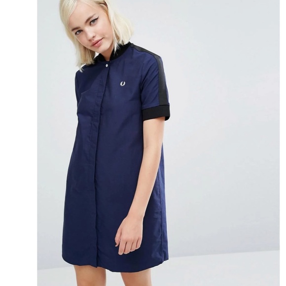 Fred Perry Cotton Mini Shirt Dress Navy/Black Size 2 - Picture 1 of 7